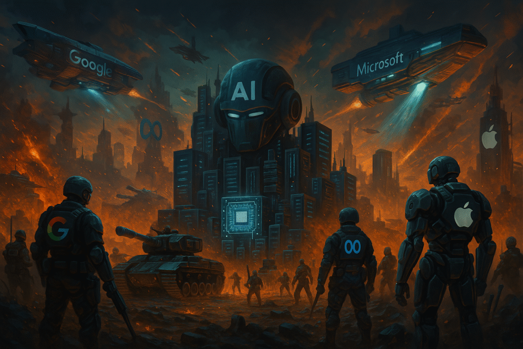 “Visual metaphor of Big Tech companies waging strategic battles in the AI revolution of 2025