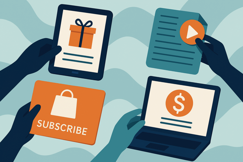 subscription economy Abstract visual showing a strategic pivot with layered arrows and digital economy icons—symbolizing the transition from rapid growth to sustainable profitability.