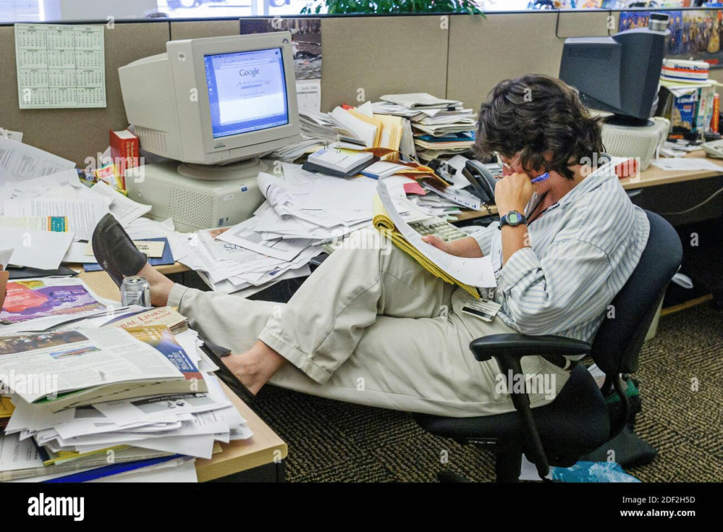 Busy journalist at newsroom desk surrounded by research documents and papers, investigating breaking news stories and international events for world news reporting