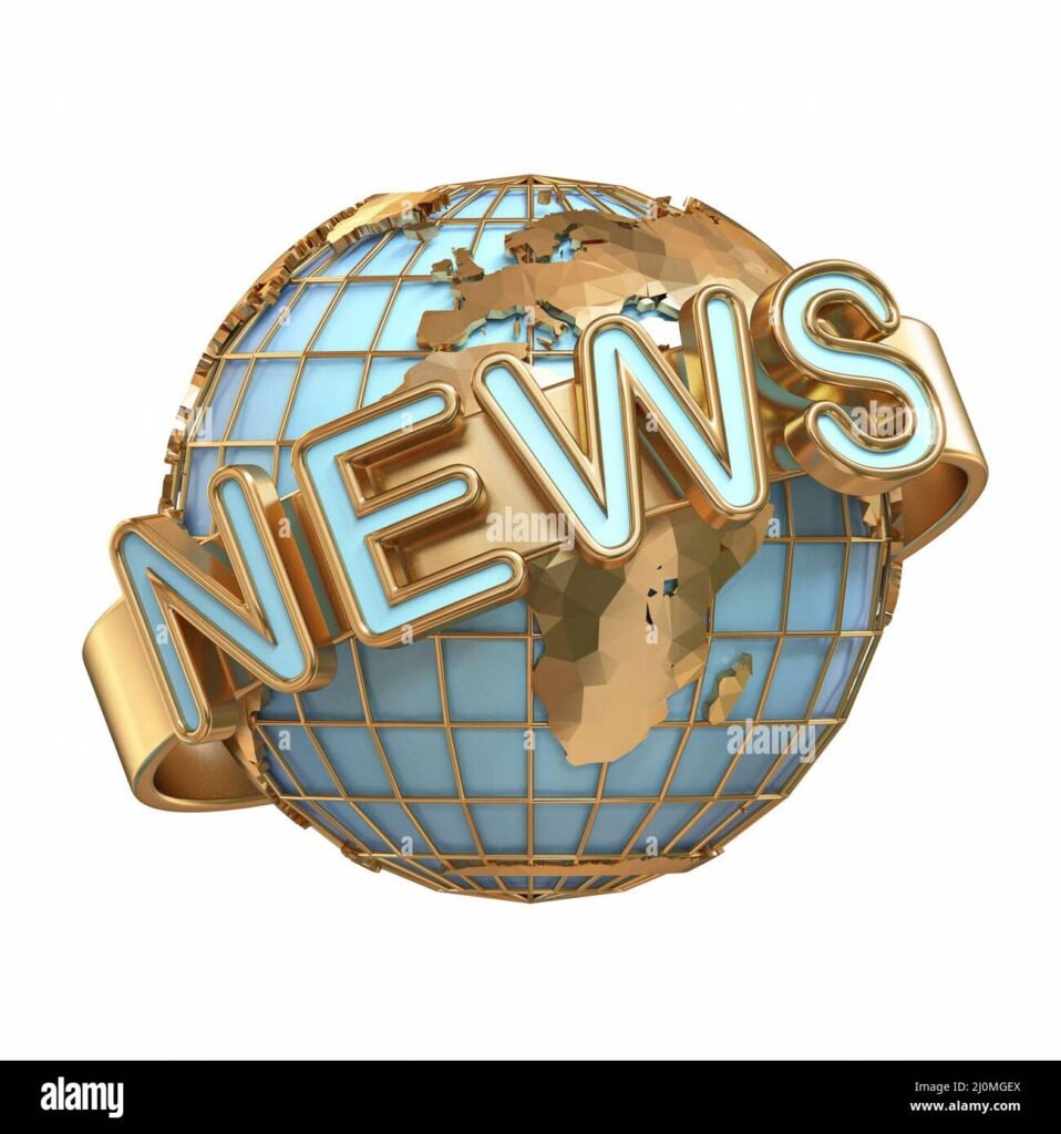 Three-dimensional globe illustration with golden continents and NEWS text overlay, symbolizing latest world news, breaking international news, and global news coverage