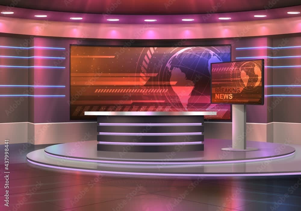 Contemporary television news broadcast studio featuring illuminated news desk, large digital globe display, breaking news graphics, and professional lighting setup for reporting world news and current global events